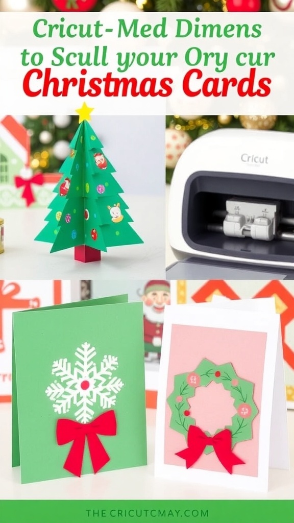 A variety of handmade Christmas cards showcasing different designs and colors, made using a Cricut machine.